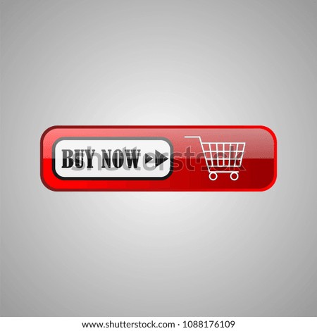 Buy now icon symbol. Shopping cart icon. Buy now red button isolated on gray background. Vector EPS 10.