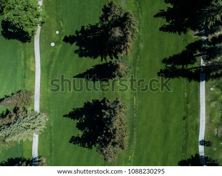 Aerial photograph of golf course and trees.