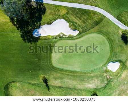 Golf course and green. Viewpoint from directly above.