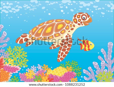 Funny sea loggerhead turtle and a small striped butterfly fish swimming over colorful corals on a reef in a tropical sea, vector illustration in a cartoon style