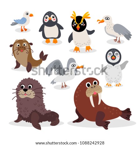 Wild South Pole animals set in flat style isolated on white background. Including walrus, Seal, penguin, seagull