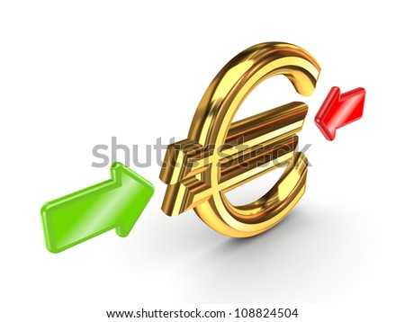 Red and green arrow pointed to a golden dollar sign.Isolated on white background.