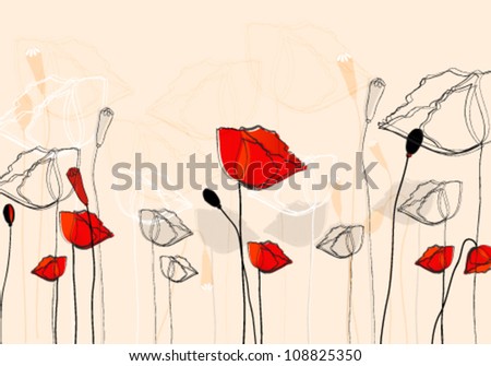 Vector beautiful, hand drawn style summer poppies background illustration