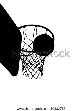Silhoutte of basketball going through hoop in isolation