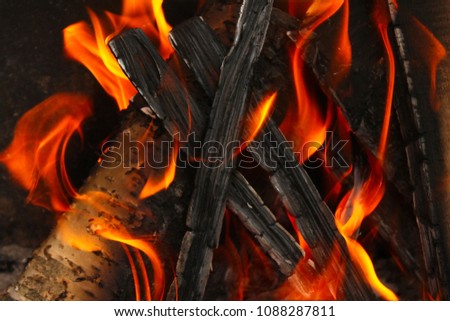 Burning logs in the grill, a bright flame of fire. Slight blur.