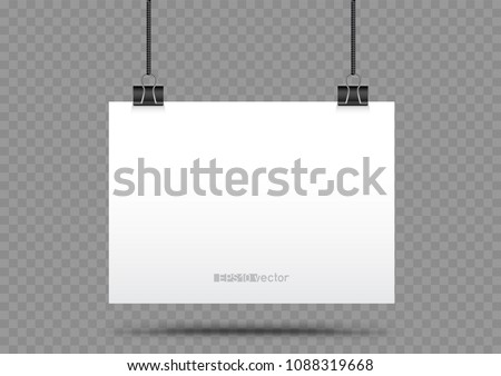 Piece of paper hanging in holders with shadow on transparent background. Empty white horizontal poster template in clamp hang on the black cord