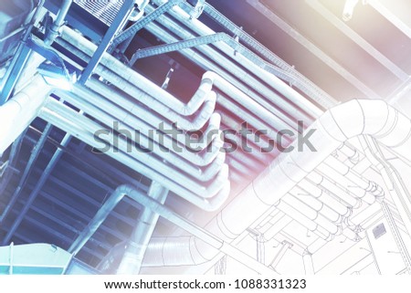 wireframe computer cad design concept image. industrial piping in the factory combined with drawing, smart plant solution idea
