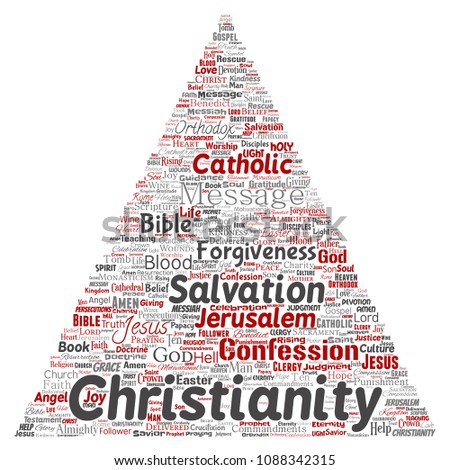 Vector conceptual christianity, jesus, bible, testament triangle arrow red  word cloud isolated background. Collage of teachings, salvation resurrection, heaven, confession, forgiveness, love concept