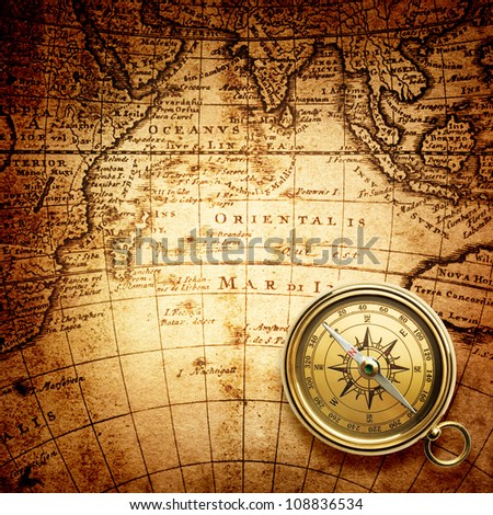 old compass on vintage map 1746 Royalty-Free Stock Photo #108836534