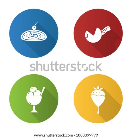 Condectionery flat design long shadow glyph icons set. Coffee house menu. Cherry strudel, fortune cookie, ice cream bowl, strawberry in chocolate. Raster silhouette illustration