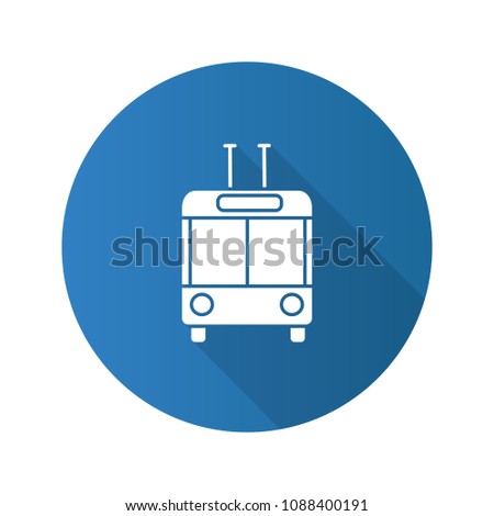 Trolleybus in front view flat design long shadow glyph icon. Trolley coach. Trackless trolley. Raster silhouette illustration