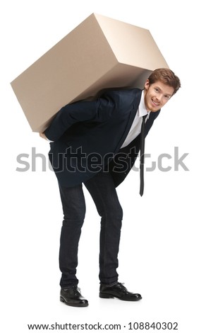 Shop assistant delivers the parcel, isolated, white background