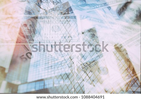 Business abstract background - of skyscrapers with scattered banknotes dollars and euros, double exposure photo