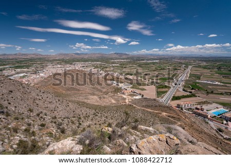 Callosa de Segura surrounded by cultivated fields and the new high-speed train line (AVE), Alicante province, Spain