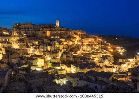 Matera (Basilicata) - The historic center of the wonderful stone city of southern Italy in the blue hour, a tourist attraction for the famous "Sassi" old town.