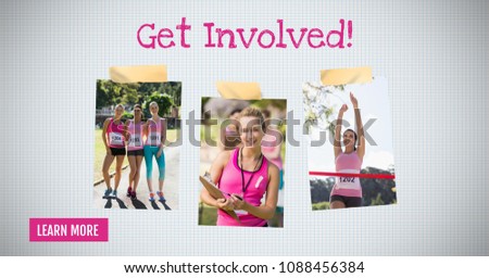 Learn more button with Get involved text on Breast Cancer Awareness Photo Collage for marathon run