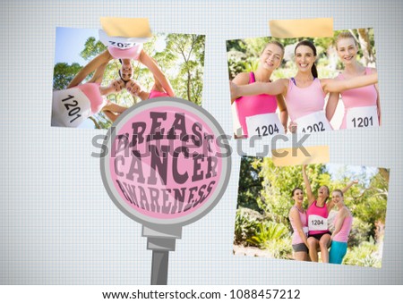 Breast Cancer Awareness magnified text and Breast Cancer Awareness Photo Collage marathon run