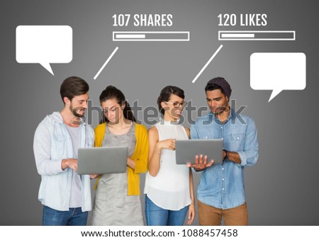 People on laptops with shares and likes Social media interfaces with empty chat bubbles