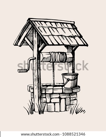 Rustic well sketch vector illustration hand drawn