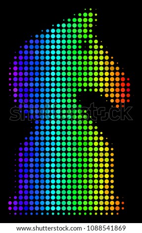 Pixel colorful halftone chess horse icon using rainbow color tinges with horizontal gradient on a black background. Colored vector concept of chess horse symbol composed with circle elements.