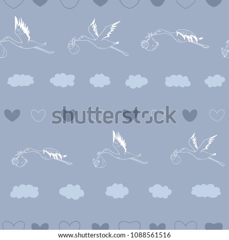 Vector Blue Flying Storks semless pattern background. Perfect for fabric, scrapbooking, wallpaper projects.