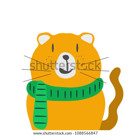 Cute orange cat with Scarf. vector design. illustration for School books and more.Meow slogan.