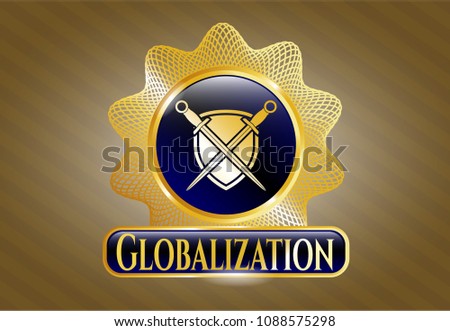  Gold badge or emblem with swords crossed with shield icon and Globalization text inside