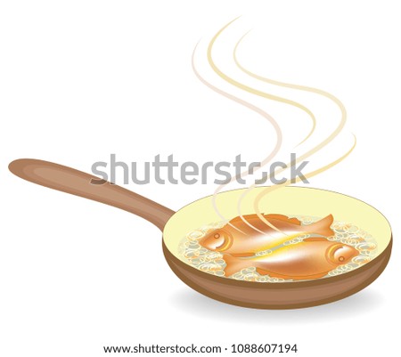 Two fish with onions are fried in a hot frying pan. Tasty and nutritious food. Suitable for breakfast, lunch or dinner. Vector illustration.