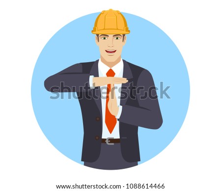 Businessman in construction helmet showing time-out sign with hands. Body language. Portrait of businessman character in a flat style. Vector illustration.