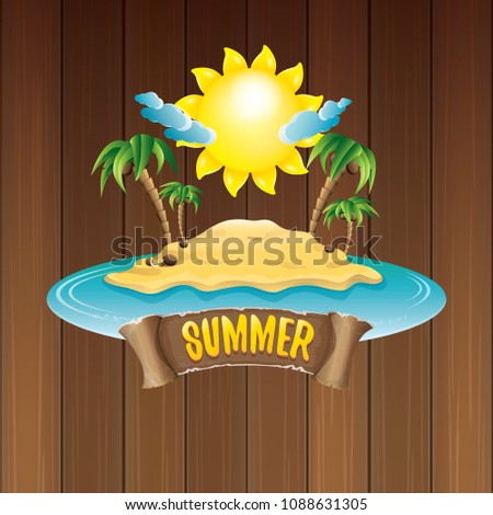 vector summer label with island tropical beach, sun, palm trees, clouds and vintage ribbon for text. summer fun vector design elements set isolated on wooden background