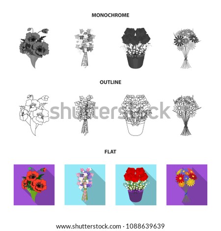 A bouquet of fresh flowers flat,outline,monochrome icons in set collection for design. Various bouquets vector symbol stock web illustration.