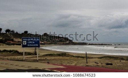 Dark sands of Cardoso beach and in the background the waves and the hill of Santa Marta Lighthouse, Laguna, SC, Brazil  -  non-English translation in the image - Protection area of ??the burrowing owl