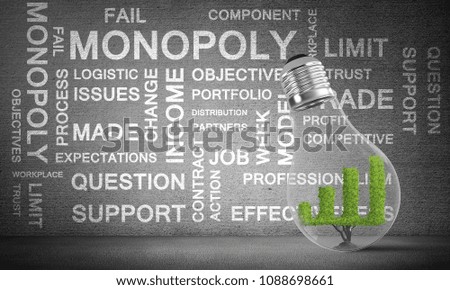 Glass lightbulb with growing green graph inside placed against business related terms on grey wall on background. 3D rendering.