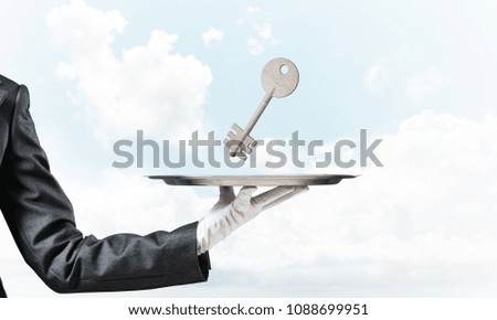 Closeup of waiter's hand in white glove presenting stone key symbol on metal tray with blue cloudy skyscape on background. 3D rendering.