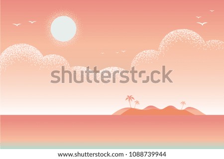 Beautiful minimal seascape beach with white sand, wave of sea, sailboat and sun rays. Text for travel agents. Summer offers Vector texture style concept illustration.