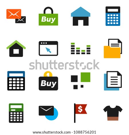 solid vector ixon set - calculator vector, dollar flag, document, equalizer, browser, home, loading, mail, house, buy, clothes