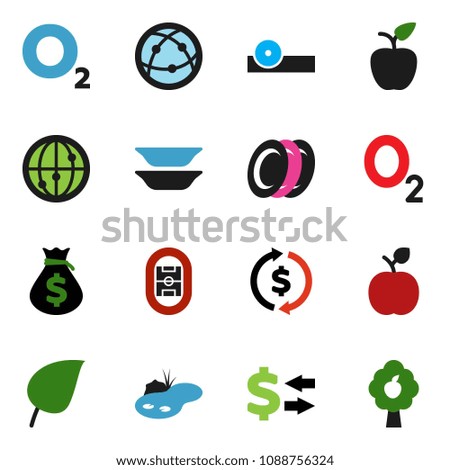 solid vector ixon set - plates vector, apple fruit, leaf, exchange, money bag, oxygen, stadium, internet, eye doctor hat, pond, tree