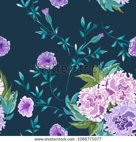 Trendy floral background with wild flowers and twigs with leaves in hand drawn style on dark blue. Blooming botanical motifs scattered random. Vector seamless pattern for fashion prints.
