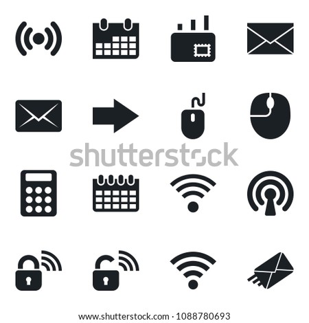 Set of vector isolated black icon - right arrow vector, mail, mouse, calendar, wireless, calculator, lock