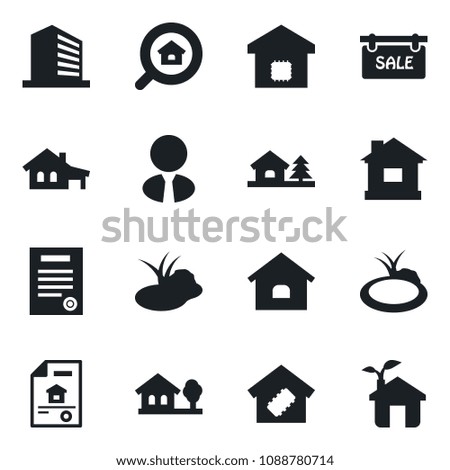 Set of vector isolated black icon - office building vector, house, pond, contract, with garage, tree, estate document, sale, search, agent, smart home, eco