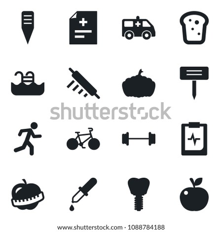 Set of vector isolated black icon - plant label vector, pumpkin, diagnosis, dropper, ambulance car, barbell, bike, run, implant, pulse clipboard, diet, pool, bread, rolling pin, apple fruit
