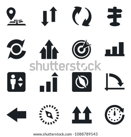 Set of vector isolated black icon - elevator vector, left arrow, growth statistic, crisis graph, signpost, navigation, up side sign, update, data exchange, compass, bar, target, clock