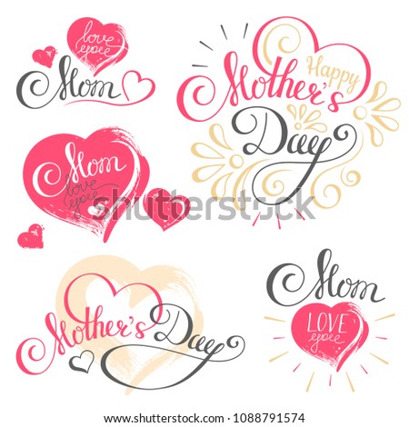 Happy Mother's Day Calligraphy with hearts isolated on white Background.