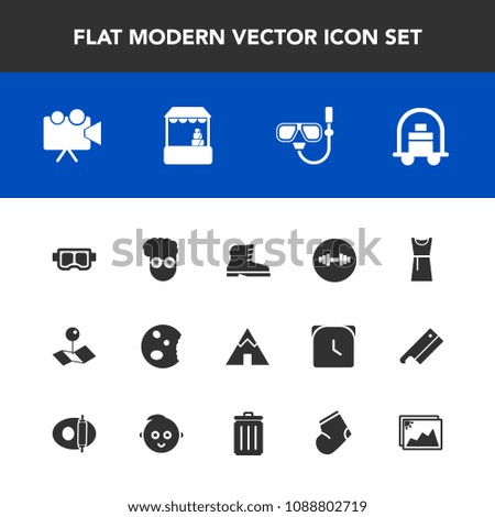 Modern, simple vector icon set with screen, leather, camp, food, baggage, video, pin, tent, female, graphic, bellboy, outdoor, store, map, equipment, market, hotel, projector, doughnut, dress icons