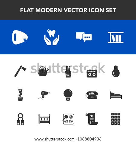 Modern, simple vector icon set with tool, dessert, construction, radio, kitchen, sweet, document, sound, axe, dryer, music, dentist, energy, library, power, screwdriver, bulb, pot, bar, speech icons