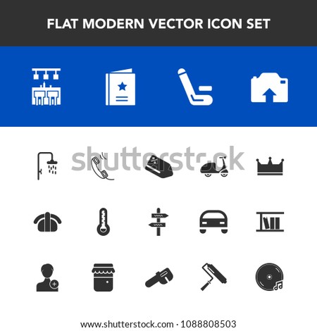 Modern, simple vector icon set with cycle, ride, sushi, shower, fish, photo, tag, music, phone, communication, tool, album, price, sport, discount, business, thermometer, king, roller, paint icons