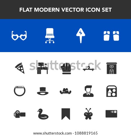 Modern, simple vector icon set with style, glasses, chair, sign, smart, work, watch, table, office, house, pizza, footwear, cold, time, flip, desk, furniture, business, warm, hanger, season, cap icons