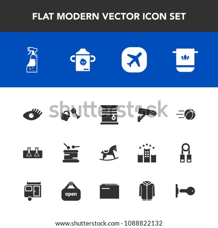 Modern, simple vector icon set with face, spray, shovel, soft, girl, curtain, airplane, plane, sport, musical, towel, home, beautiful, beauty, camera, cotton, science, food, safety, soccer, sign icons