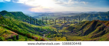 Aerial Panorama of Semien mountains and valley around Lalibela in Ethiopia Royalty-Free Stock Photo #1088830448
