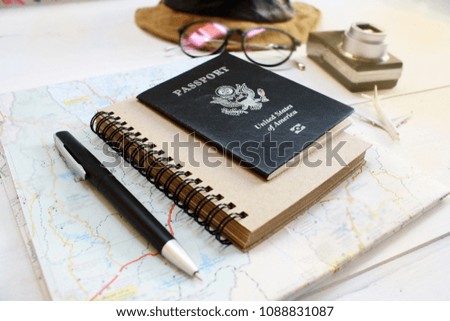 USA passport /Travel Conception On white wood copy space / closeup /Travel equipment